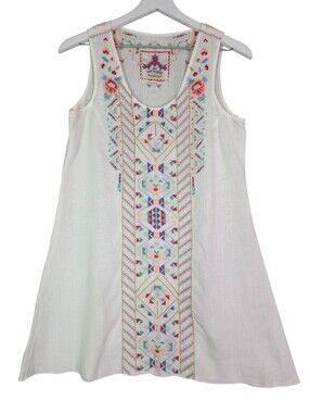 Johnny Was Linen White Embroidered Tank Dress with Multicolor Front Panel